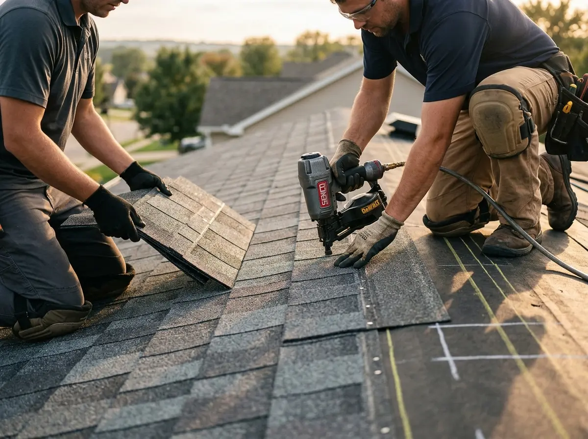 Professional roofer working on a residential roof in Paloma Creek South